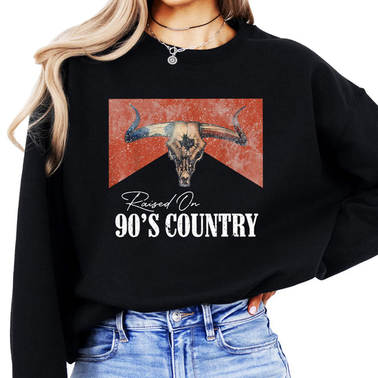Side angle of vintage western sweatshirt displaying graphic quality and fit