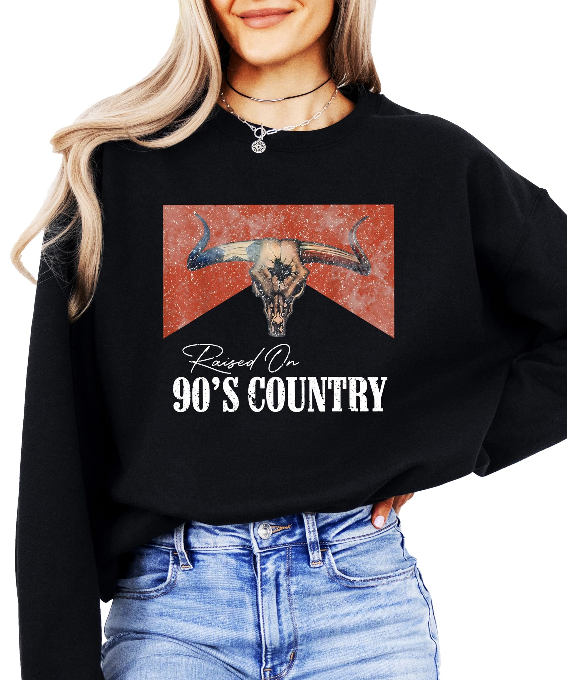 Side angle of vintage western sweatshirt displaying graphic quality and fit