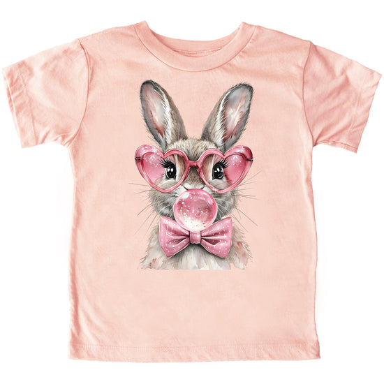 Girls Easter bubble gum bunny graphic tee with heart glasses and bow on peach shirt