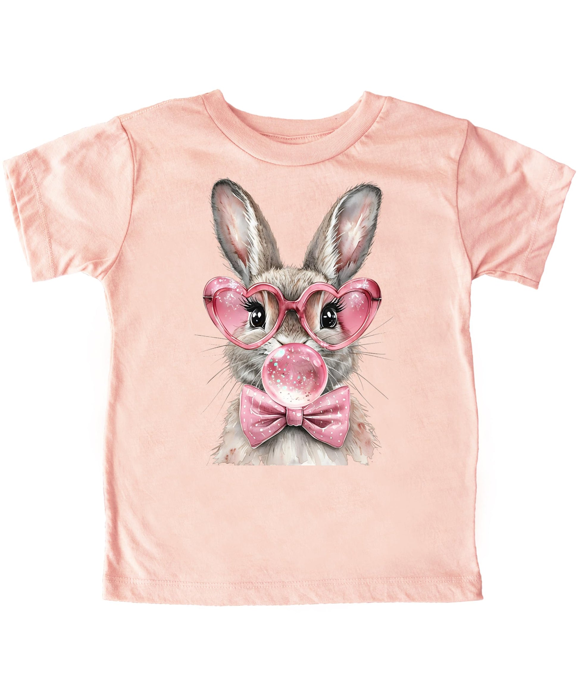 Girls Easter bubble gum bunny graphic tee with heart glasses and bow on peach shirt