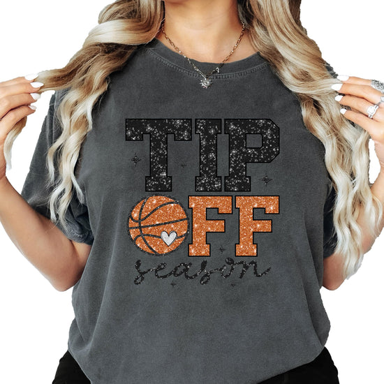 Side view of relaxed fit Tip Off Season basketball fan shirt for women