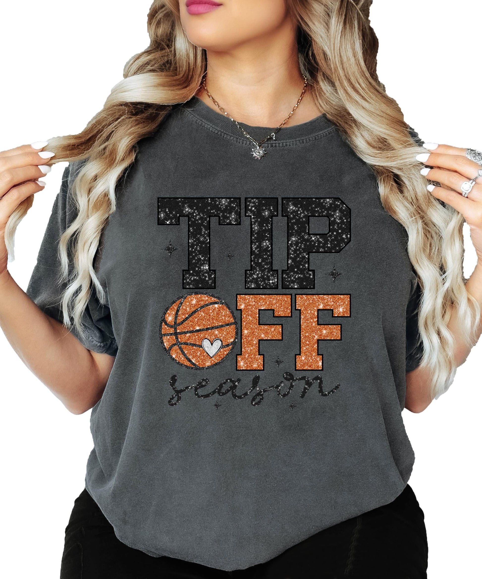 Side view of relaxed fit Tip Off Season basketball fan shirt for women