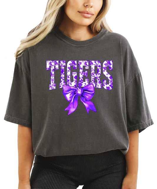 Tigers fan shirt with purple floral bow pattern for game day