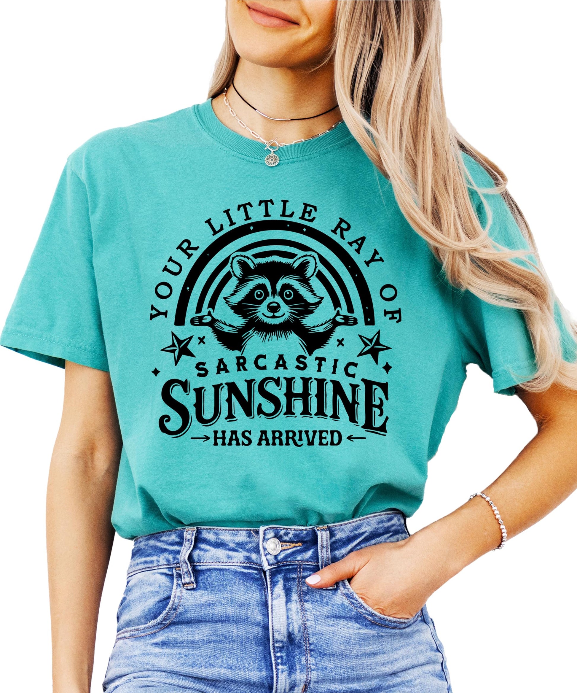 Woman wearing ivory graphic tee with raccoon sarcastic sunshine design lifestyle shot