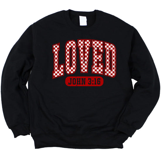 Side or detail view of Loved John 3:16 gray Valentine's sweatshirt showing fit and fabric quality