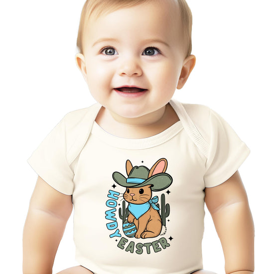 Close-up of Western Easter bunny print on baby snap bodysuit