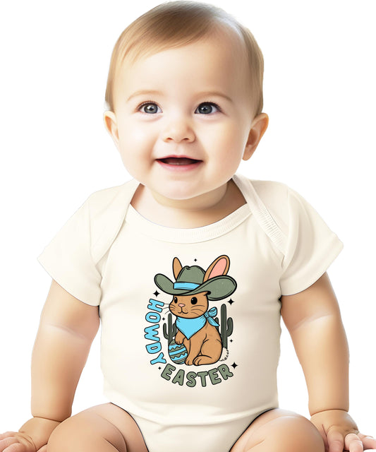 Close-up of Western Easter bunny print on baby snap bodysuit