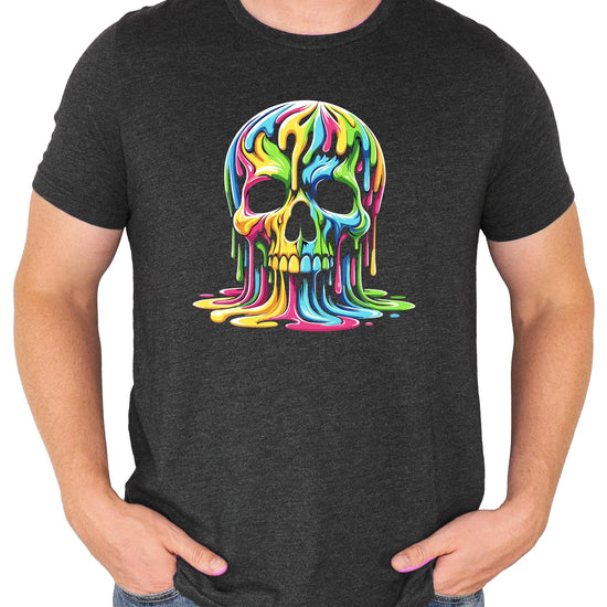 Close-up of vibrant neon skull graphic on a black men's t-shirt with dripping color detail