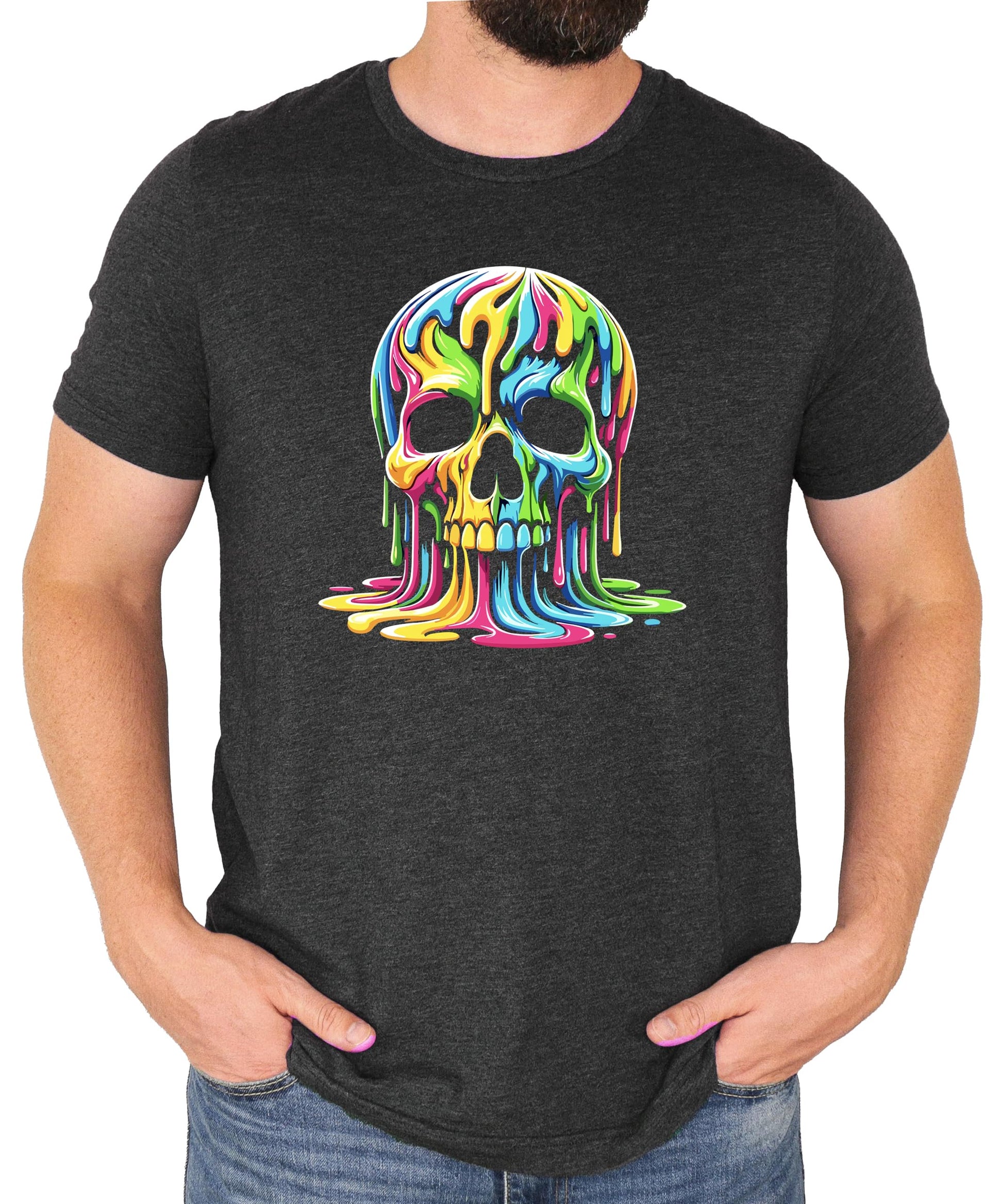 Close-up of vibrant neon skull graphic on a black men's t-shirt with dripping color detail