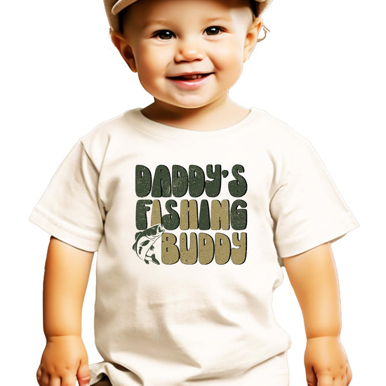 Daddy's Fishing Buddy graphic tee for toddler and youth boys in natural color