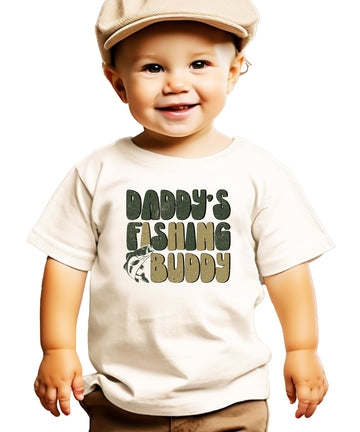 Daddy's Fishing Buddy graphic tee for toddler and youth boys in natural color