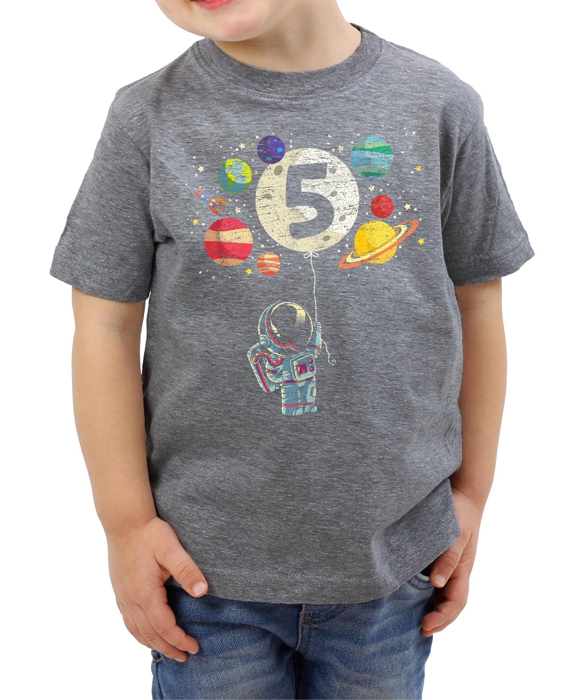 Child wearing vintage royal blue 5th birthday space themed astronaut t-shirt