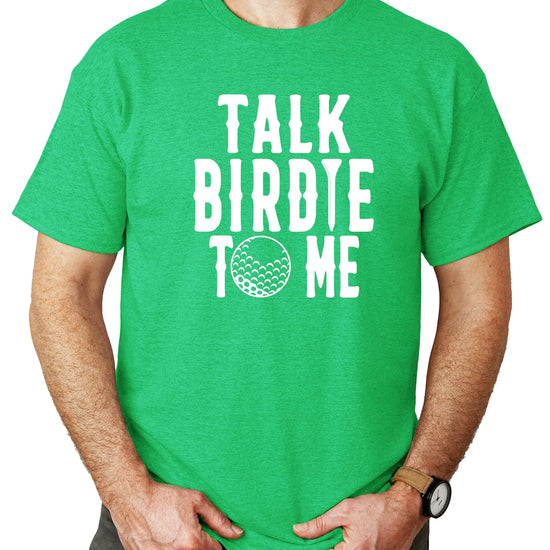 Heather blue golf shirt with birdie pun text laid flat product view