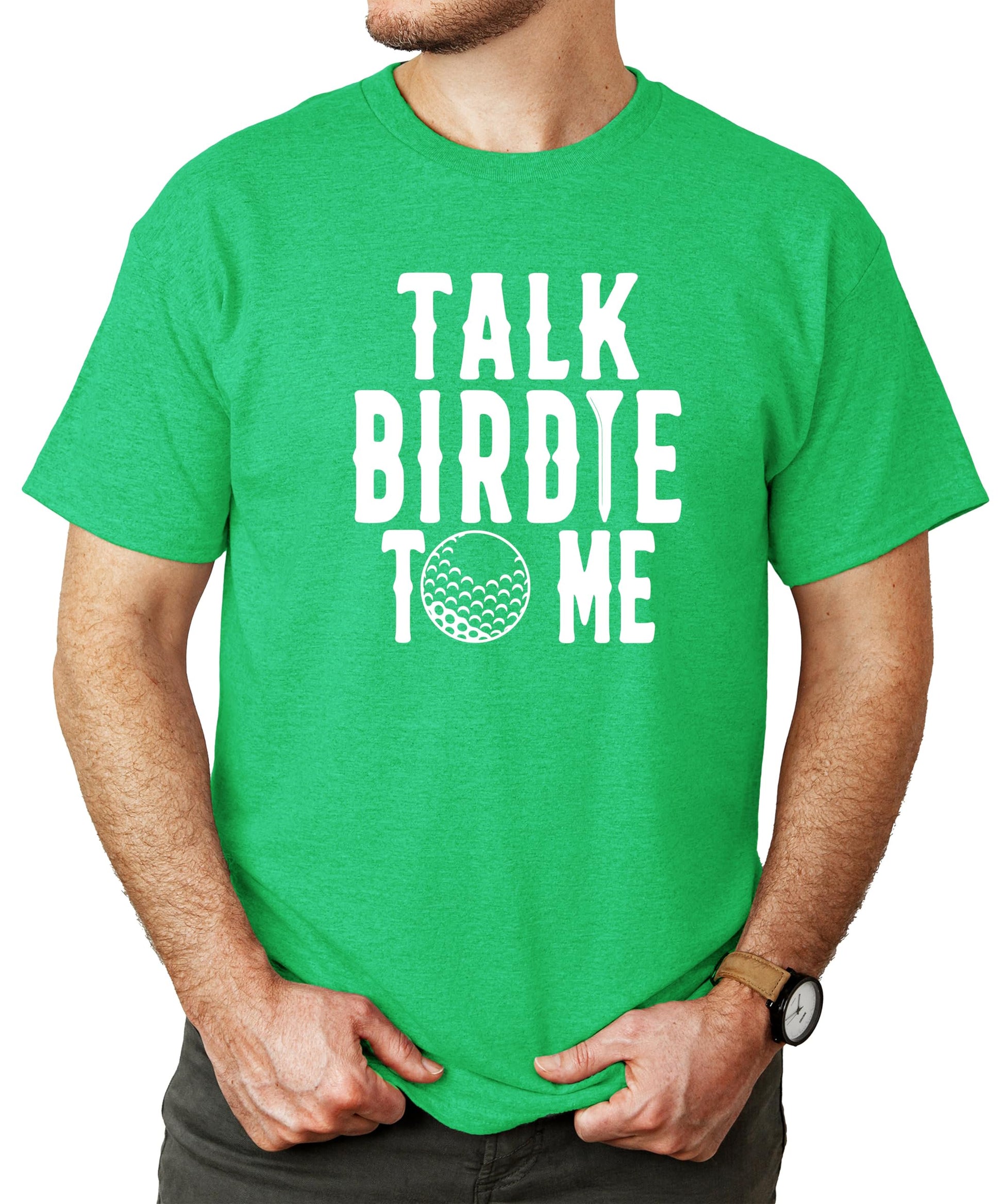 Heather blue golf shirt with birdie pun text laid flat product view