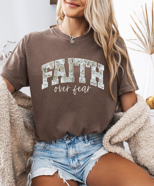 Camo Faith Over Fear Shirt for Women Christian Graphic Tee Inspirational Religious T-Shirt