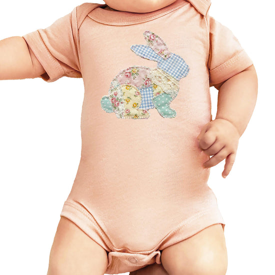 Olive Loves Apple Easter baby bodysuit with patchwork-style bunny print, front view