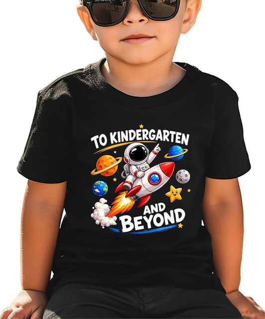 Close-up of space-themed 'To Kindergarten and Beyond' screen-printed graphic on black kids tee