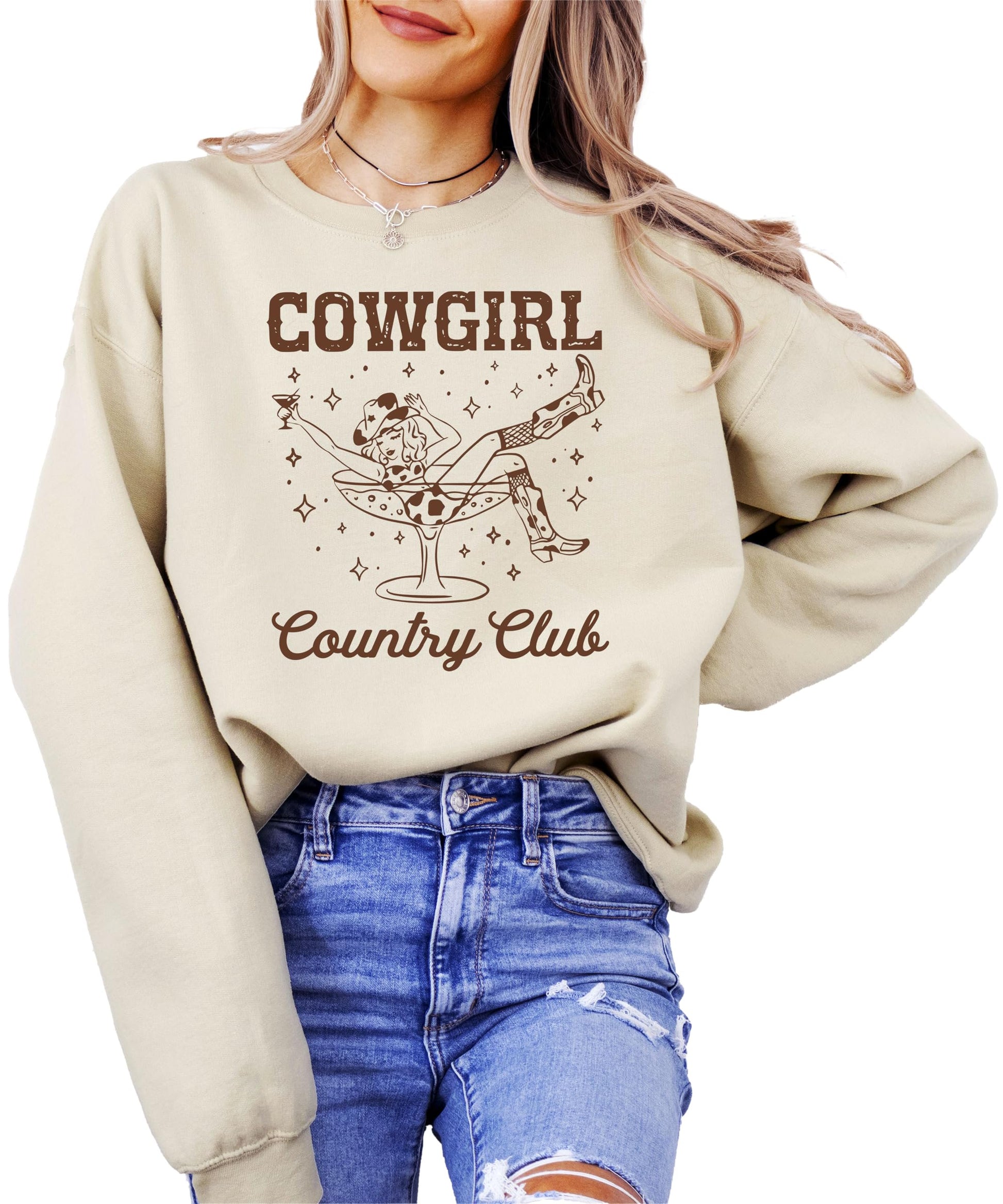 Front view of Cowgirl Country Club sweatshirt showing bold western country club graphic print