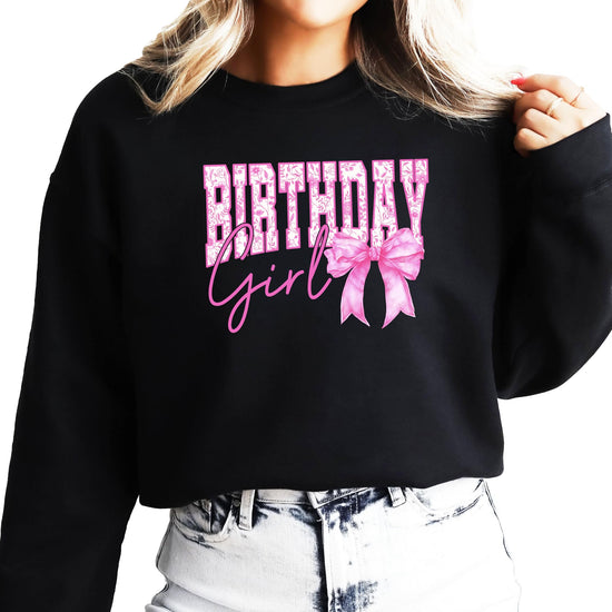 Women's Birthday Girl bow sweatshirt back view showing soft white pullover fabric and clean finish