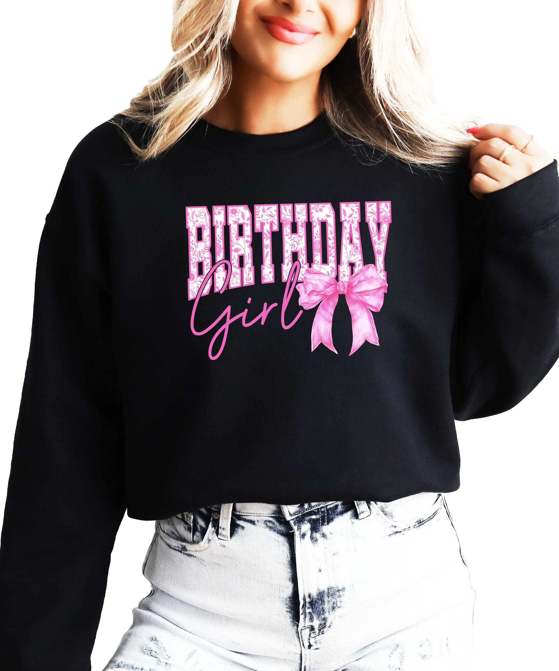 Women's Birthday Girl bow sweatshirt back view showing soft white pullover fabric and clean finish
