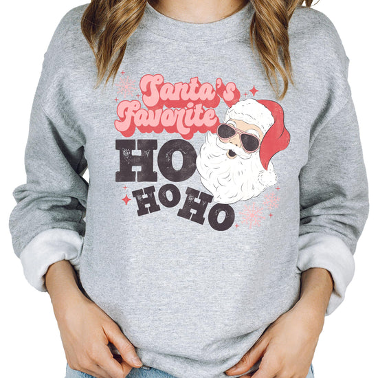 Back or side view of women's retro Santa Ho Ho Ho funny holiday sweatshirt in gray