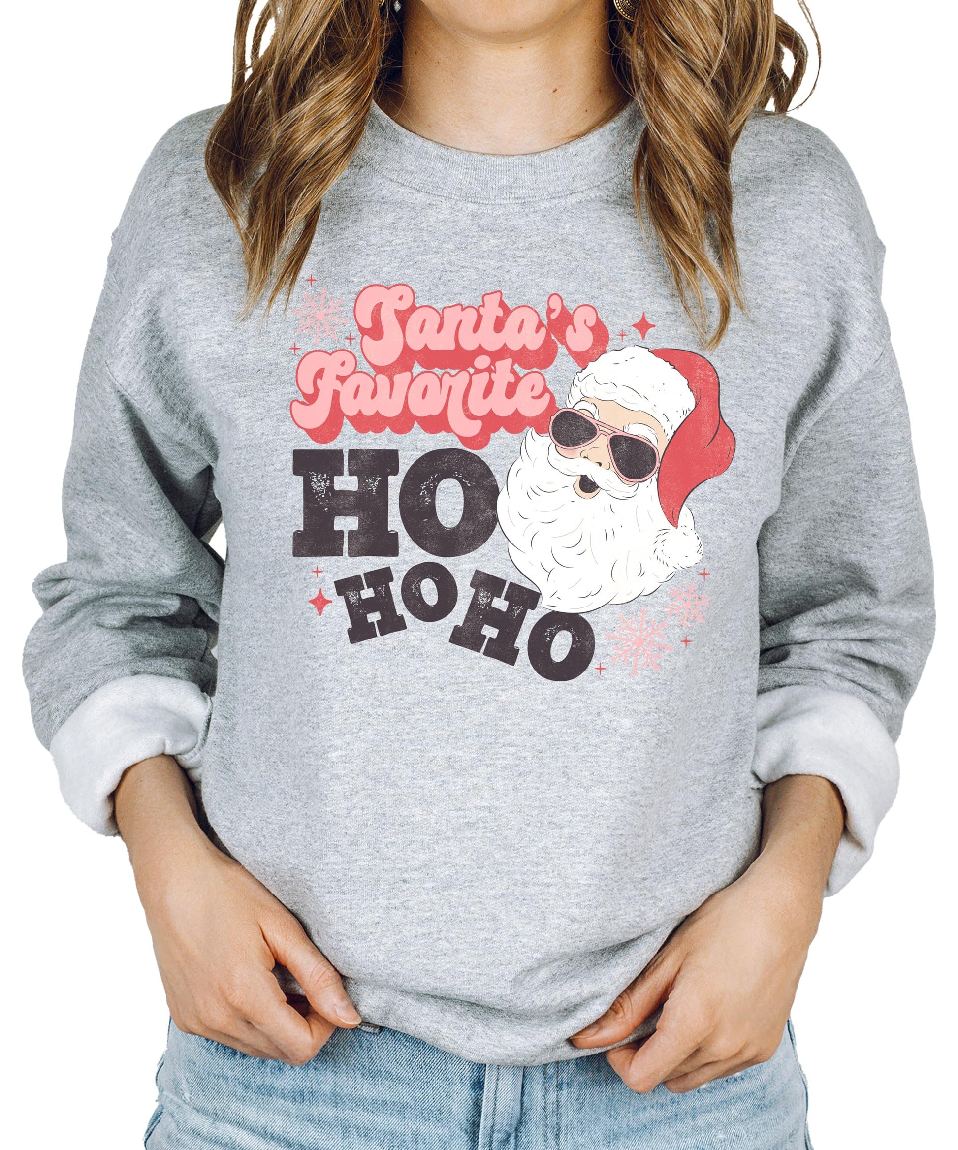 Back or side view of women's retro Santa Ho Ho Ho funny holiday sweatshirt in gray