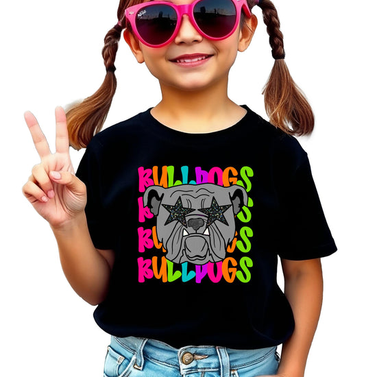 Bulldogs spirit shirt laid flat showing full mascot design on black fabric