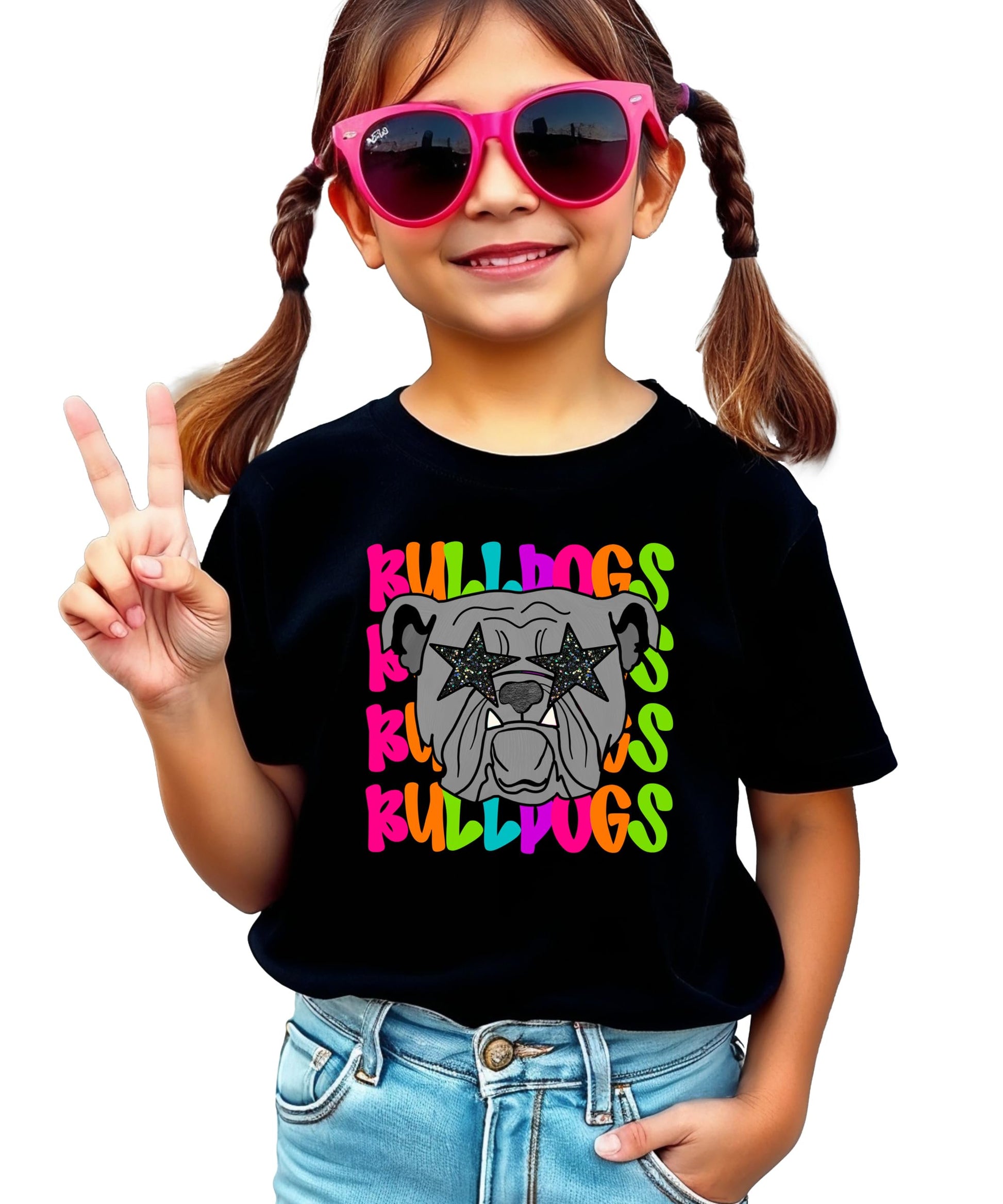 Bulldogs spirit shirt laid flat showing full mascot design on black fabric