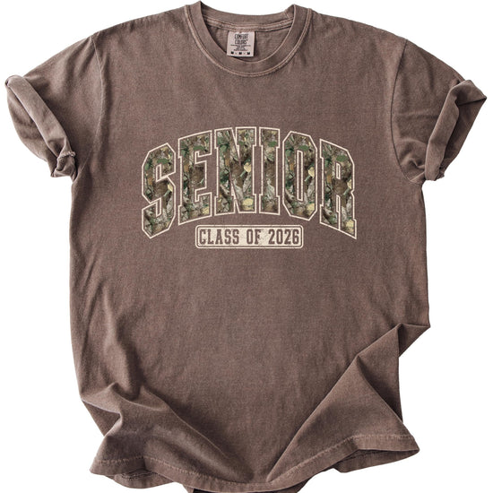 Senior Class of 2026 camo graphic tee styled casually, full body view