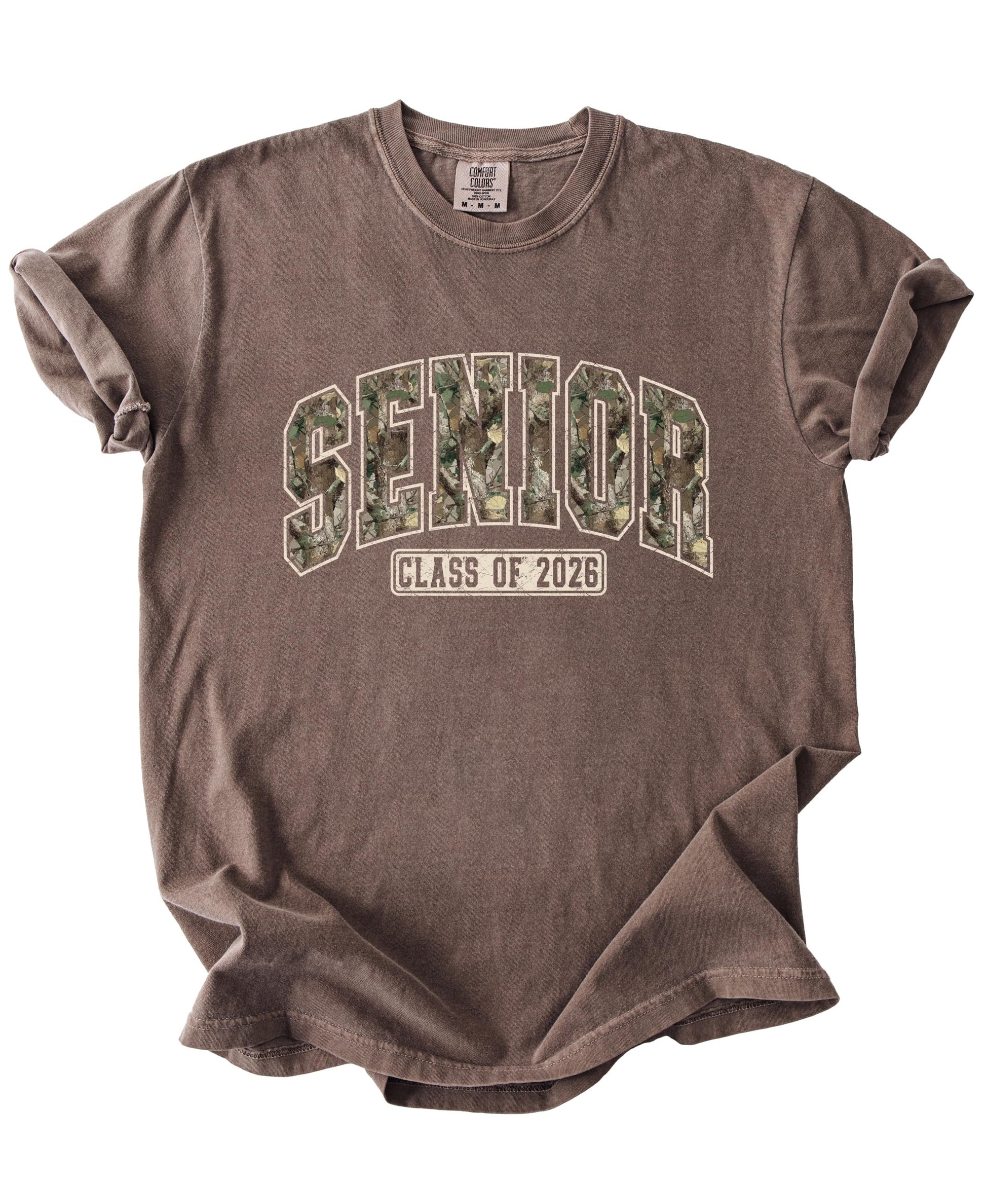 Senior Class of 2026 camo graphic tee styled casually, full body view