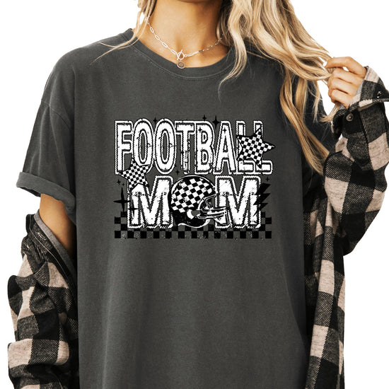 Close-up of Football Mom checkered star graphic print on soft women's tee