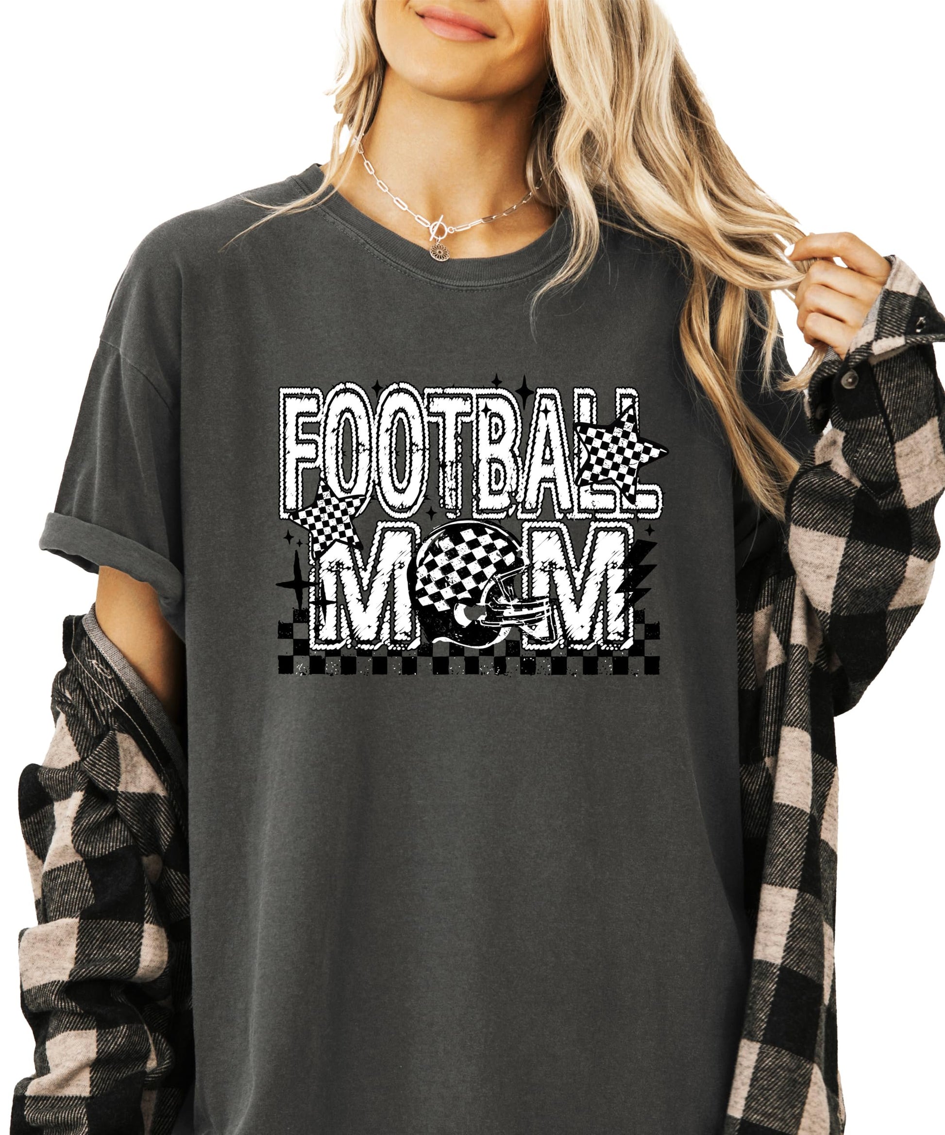 Close-up of Football Mom checkered star graphic print on soft women's tee