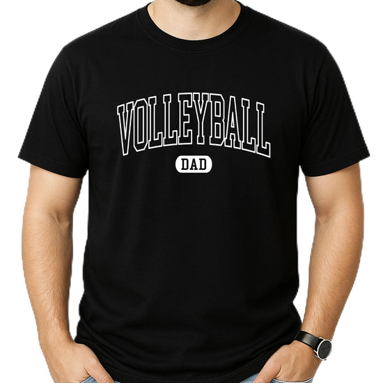 Flat lay of gray Volleyball Dad shirt showing full design and fit