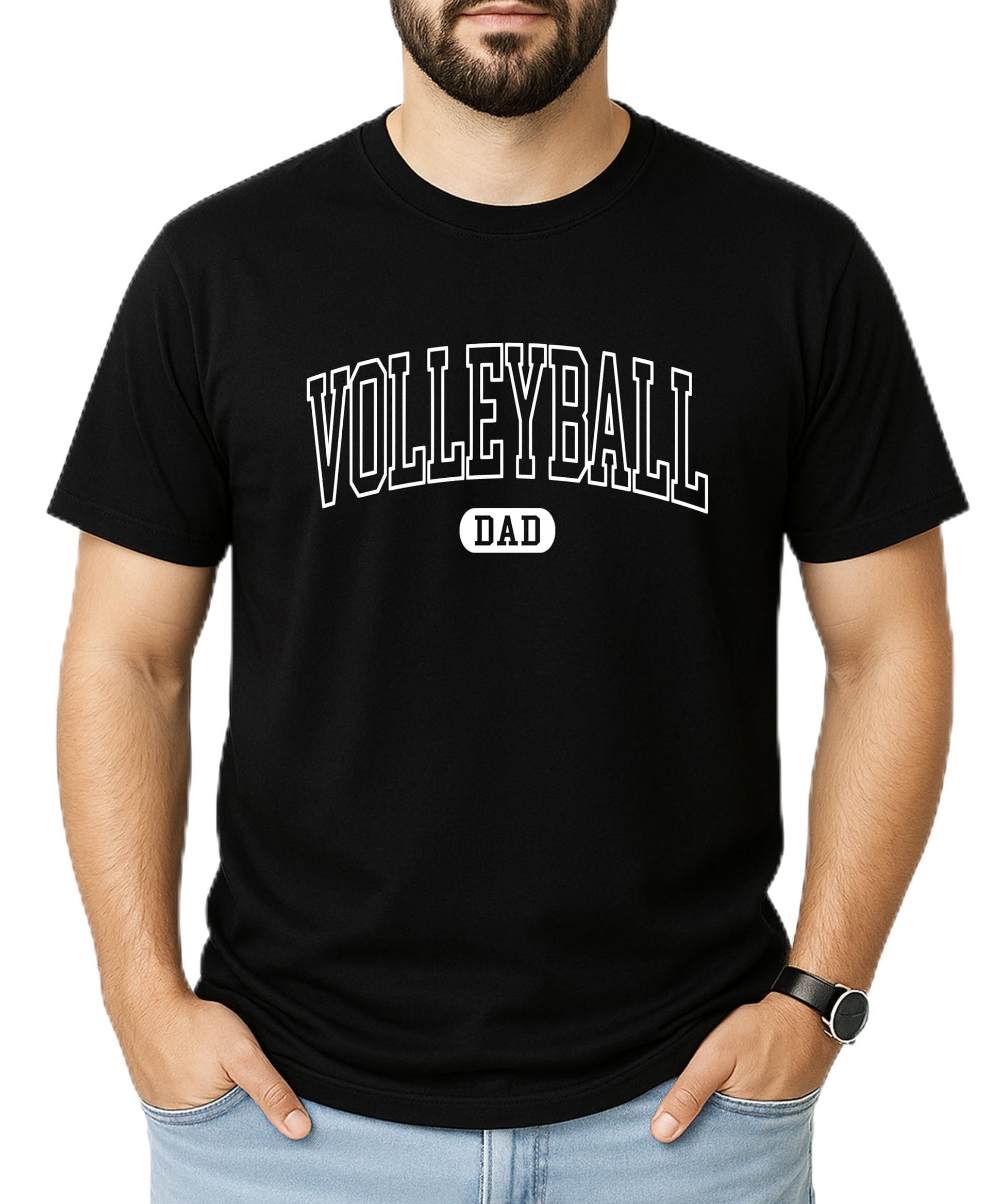 Flat lay of gray Volleyball Dad shirt showing full design and fit