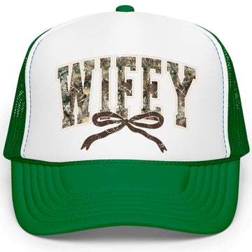 Wifey Camo Print and Bow Trucker Hat Camouflage Wife Classic 5 Panel Foam Front Mesh Snapback