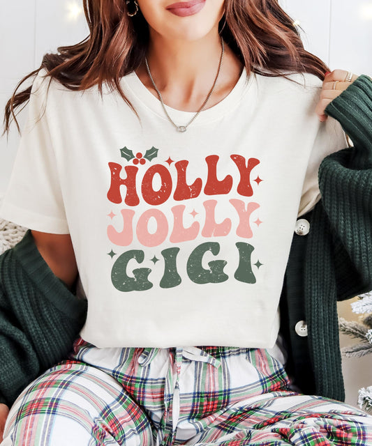 Front view of Holly Jolly Gigi holiday graphic tee for grandma on natural colored shirt
