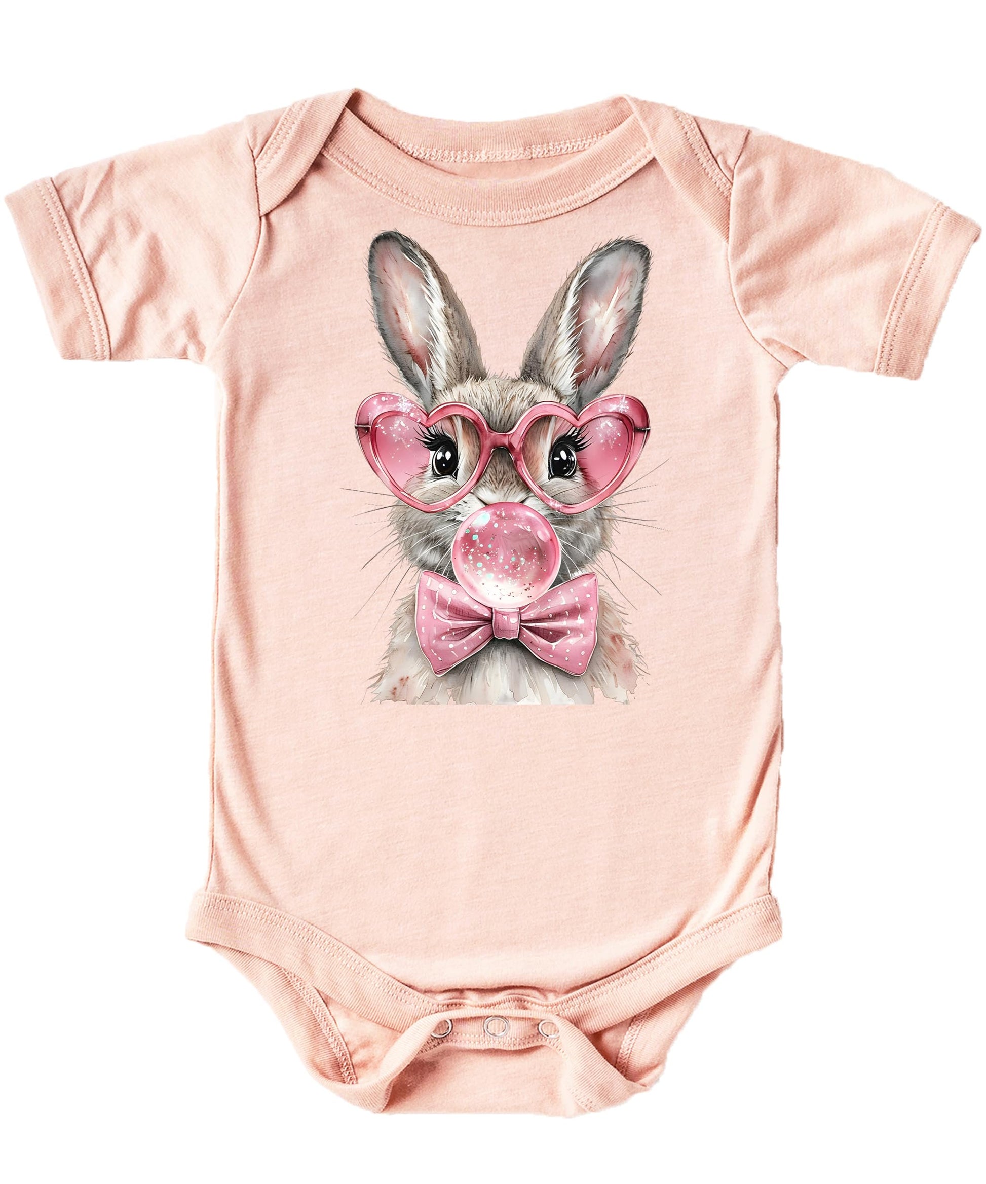 Front view of natural cotton snap-bottom baby onesie featuring cute Easter rabbit with glasses and bow graphic