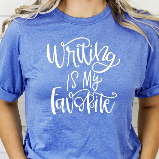 Full view of Writing is My Favorite women's graphic tee in natural color