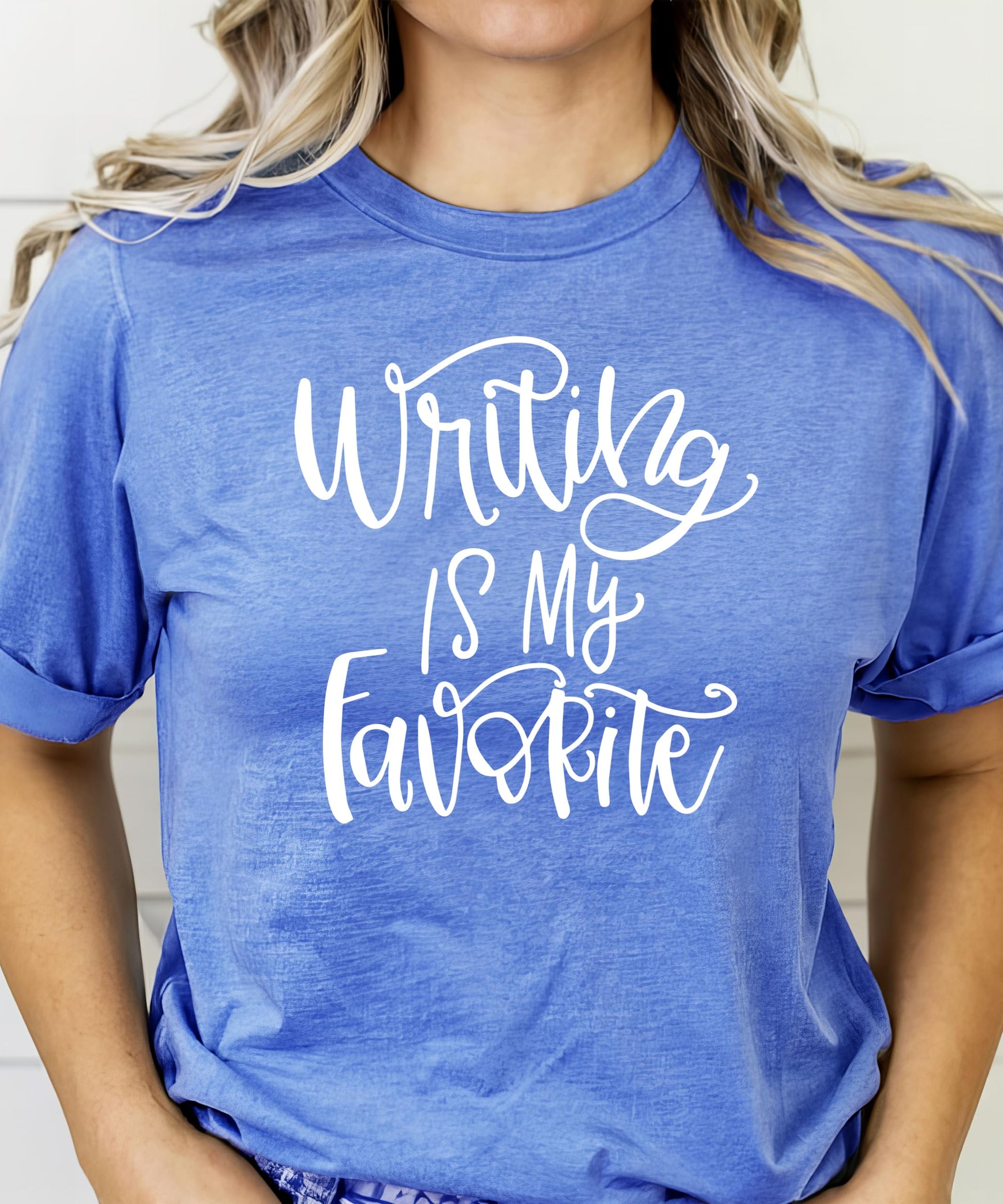 Full view of Writing is My Favorite women's graphic tee in natural color