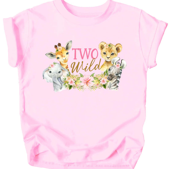 Close-up of Two Wild safari birthday shirt design with jungle animals and floral details
