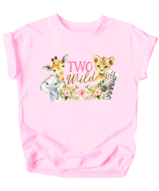 Close-up of Two Wild safari birthday shirt design with jungle animals and floral details