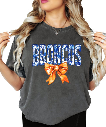 Women's Broncos orange floral bow graphic tee with blue floral lettering and orange bow accent