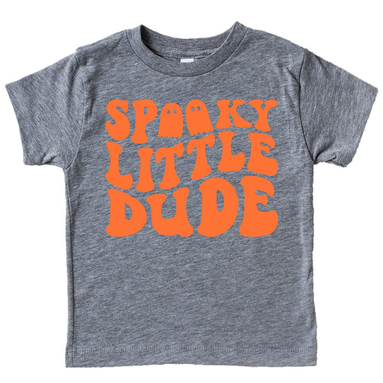 Flat lay of Spooky Little Dude boys Halloween shirt showing full ghost graphic design in burgundy