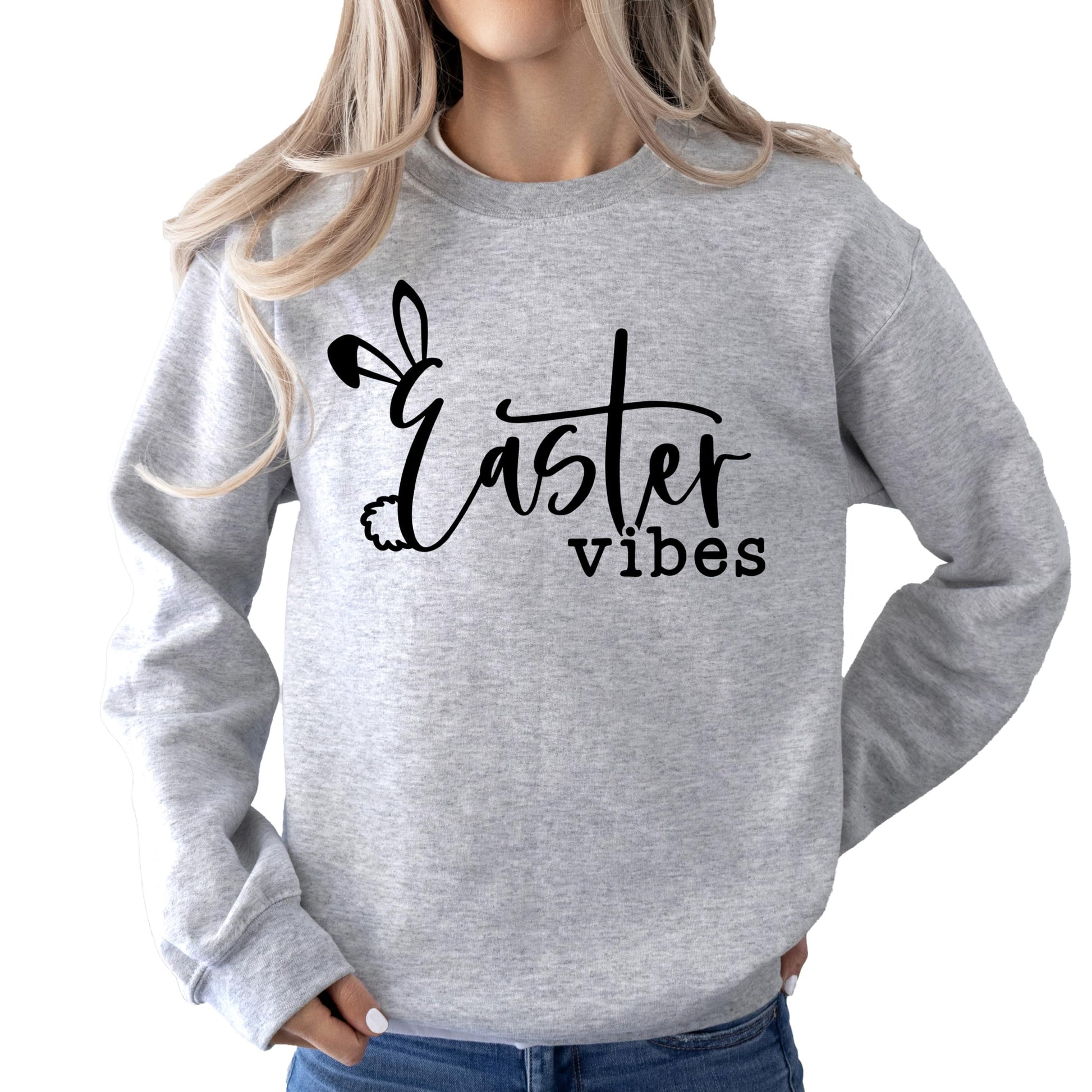 Women's white Easter Vibes graphic sweatshirt with Easter bunny design on the front
