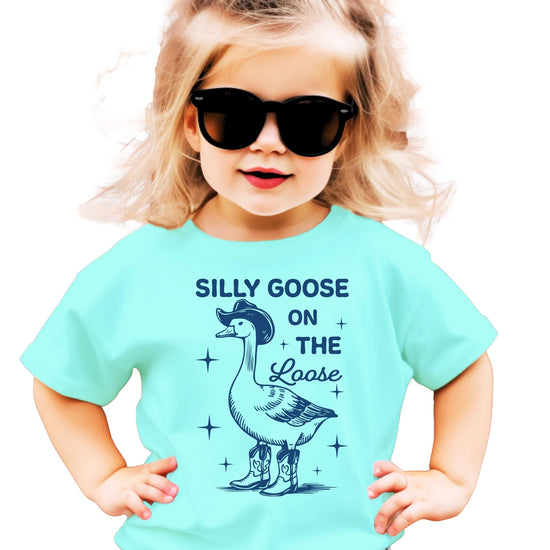 Kids wearing Silly Goose on the Loose graphic t-shirt lifestyle shot