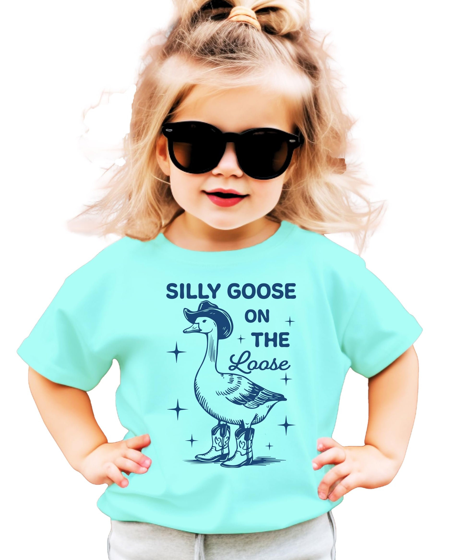 Kids wearing Silly Goose on the Loose graphic t-shirt lifestyle shot
