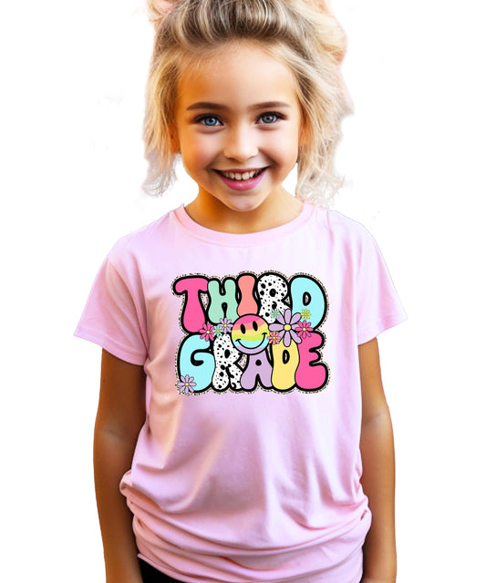 Retro groovy Third Grade shirt for girls with colorful flowers and bubble letters on natural youth tee