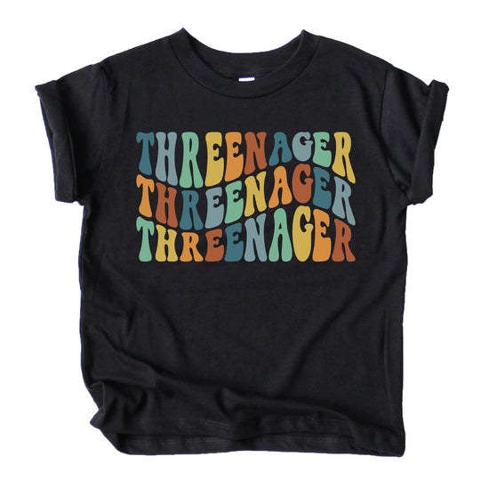 Groovy Threenager 3rd birthday shirt for toddlers in royal blue with retro vintage graphic