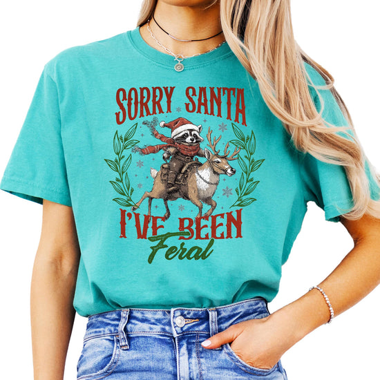 Close-up of mischievous raccoon holiday graphic print on seafoam green women's tee