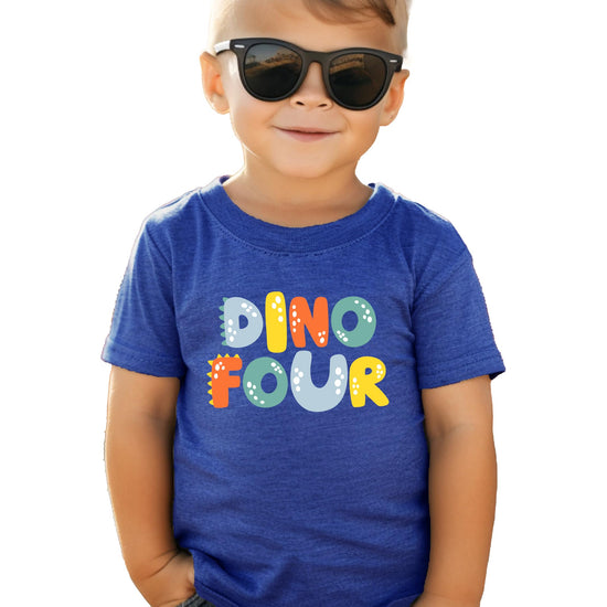 Kids dinosaur 4th birthday shirt with vintage dino graphic and 'Four' text in royal blue